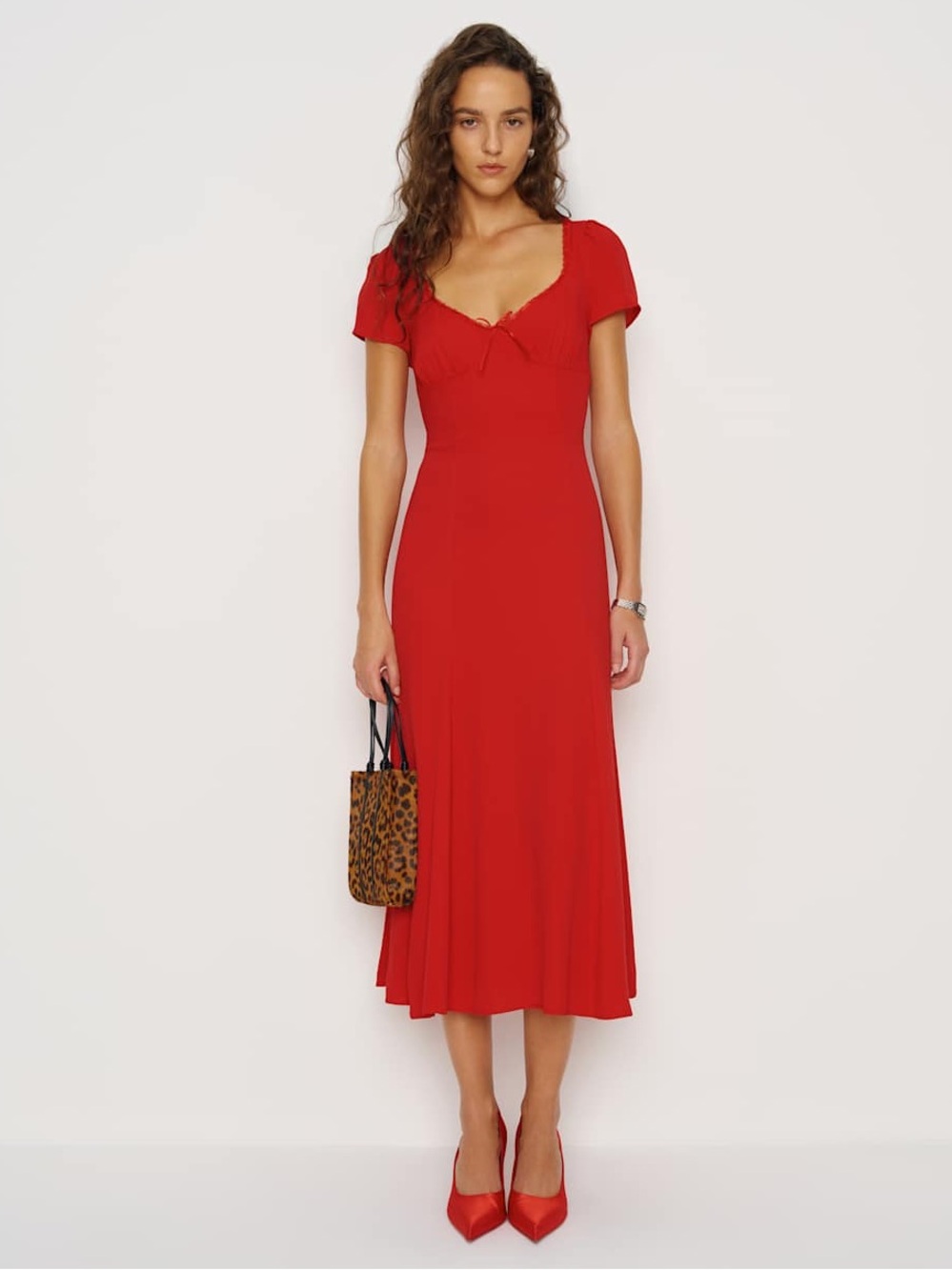 NWT REFORMATION Afron Red Fit-and-Flare Midi Dress with Sweetheart Neckline